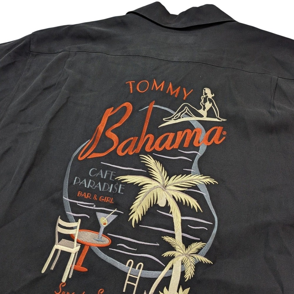 Tommy‎ Bahama Cafe Paradise Silk Camp Shirt Mens XL Black Embroidered Back